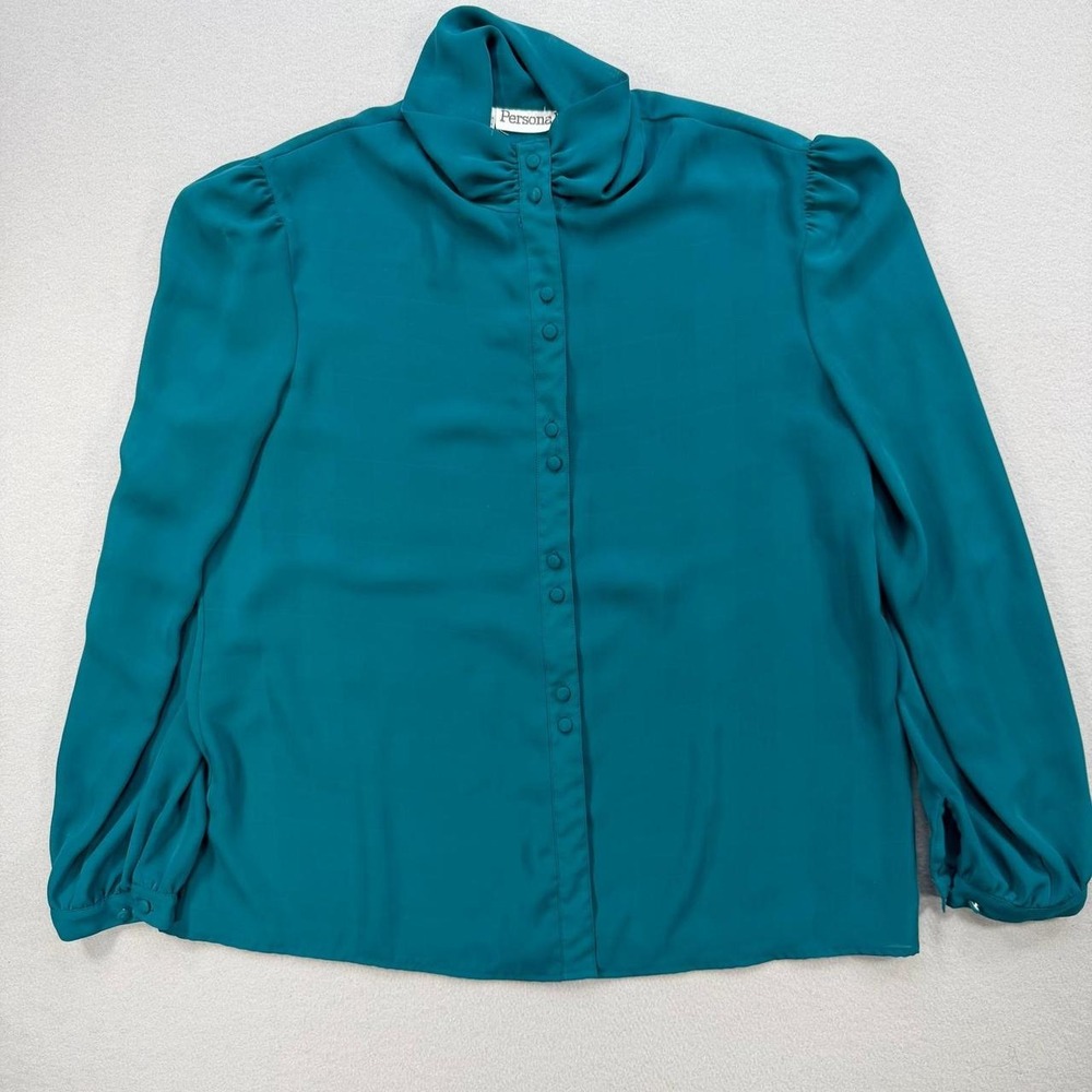 Vintage 80s Personal 18 Blouse Womens Teal Blue High Neck Puff Sleeve Secretary